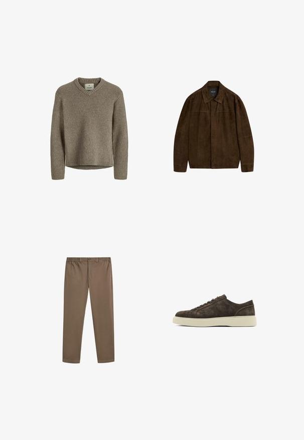 Brown suede jacket with a collar, long sleeves, and a front closure. Features a smooth texture and simple design with no visible patterns.; Beige, ribbed knit sweater with a V-neck and long sleeves. Soft texture, relaxed fit, and straight hemline without side slits.; Brown cotton chinos with a straight leg design, elastic waistband, and front pockets. Smooth texture and minimal stitching details.; Brown suede sneakers with a smooth texture, rounded toe, flat rubber sole, and simple lace-up design. Subtle stitching accents on the sides.