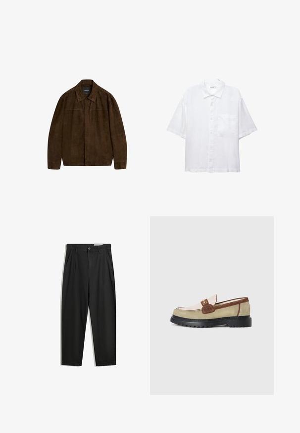 Giacca in suede marrone con colletto, maniche lunghe e chiusura frontale. Presenta una texture liscia e un design semplice senza motivi visibili.; Camicia bianca a maniche corte con chiusura a bottoni, colletto e una singola tasca sul petto. Realizzata in tessuto leggero con una texture liscia.; Pantaloni in cotone neri con una vestibilità rilassata, dotati di una vita classica, pieghe frontali e tasche laterali. Tessuto liscio senza fantasie.; Mocassino con pannelli in suede beige, rosa chiaro e marrone, accentato da una fibbia in metallo dorato e una suola in gomma nera spessa con motivo a scanalature.