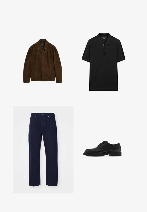 Brązowa zamszowa kurtka z kołnierzem, długimi rękawami i zapięciem z przodu. Posiada gładką fakturę i prosty design bez widocznych wzorów.; Czarna koszulka polo z krótkim rękawem, z kołnierzykiem stójkowym i zamkiem błyskawicznym z przodu. Wykonana z gładkiego materiału o czystym, minimalistycznym designie.; Granatowe spodnie bawełniane o prostym kroju, z pięcioma kieszeniami, zapięciem na guzik i kontrastowym przeszyciem wzdłuż szwów.; Czarne skórzane buty wizytowe z teksturowanym wykończeniem, okrągłym noskiem, pięcioma otworami na sznurówki oraz solidną czarną podeszwą. Prosty, klasyczny styl.