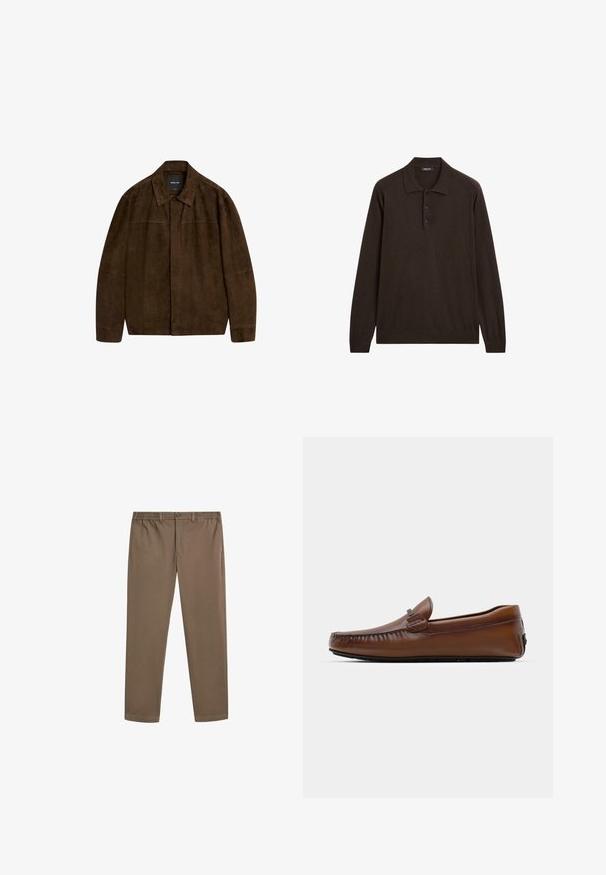Brązowa zamszowa kurtka z kołnierzem, długimi rękawami i zapięciem z przodu. Posiada gładką fakturę i prosty design bez widocznych wzorów.; Ciemnobrązowa koszulka polo z długim rękawem, z trzema guzikami i klasycznym kołnierzykiem, zaprezentowana na białym tle.; Brązowe bawełniane chinosy o prostym kroju, z elastycznym paskiem w talii i przednimi kieszeniami. Gładka struktura i minimalne detale szycia.; Brązowe skórzane mokasyny z zaokrąglonym noskiem, przeszyciami i małym emblematem z boku. Podeszwa jest płaska i teksturowana dla lepszej przyczepności.
