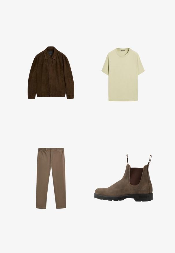 Braune Wildlederjacke mit Kragen, langen Ärmeln und einem Frontverschluss. Verfügt über eine glatte Textur und ein einfaches Design ohne sichtbare Muster.; Hellgrünes Baumwoll-T-Shirt mit kurzen Ärmeln, Rundhalsausschnitt und lockerer Passform. Einfach, einfarbig, ohne sichtbare Muster oder Verzierungen.; Braune Baumwollchinos mit geradem Bein, elastischem Bund und Vordertaschen. Glatte Textur und minimale Nahtdetails.; Braune Leder-Chelsea-Boots mit elastischen Seitenpaneelen, Ziehschlaufen und einer schwarzen Gummisohle mit griffigem Profil.