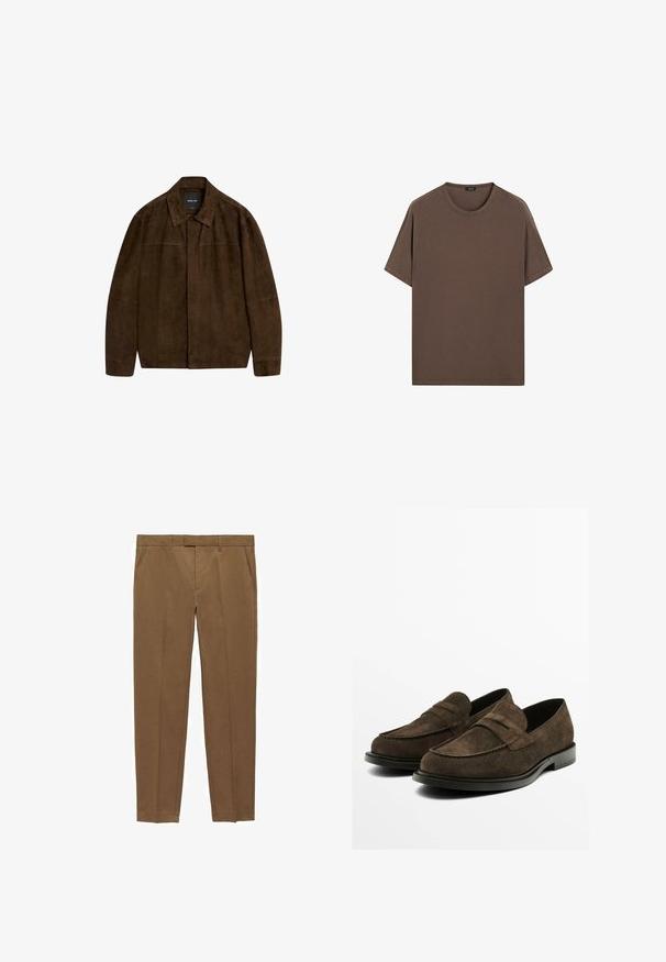 Braune Wildlederjacke mit Kragen, langen Ärmeln und einem Frontverschluss. Verfügt über eine glatte Textur und ein einfaches Design ohne sichtbare Muster.; Braunes Baumwoll-T-Shirt mit Rundhalsausschnitt und kurzen Ärmeln. Einfaches Design mit gleichmäßiger Textur und lockerer Passform. Keine Muster oder Akzente.; Braune maßgeschneiderte Hosen aus glattem Stoff, mit flachem Frontdesign, geraden Beinen, Gürtelschlaufen und Seitentaschen.; Ein Paar dunkelbraune Wildleder-Mokassins mit schwarzen Sohlen, die über ein klassisches Penny-Riemendetail verfügen, auf einem weißen Hintergrund präsentiert.