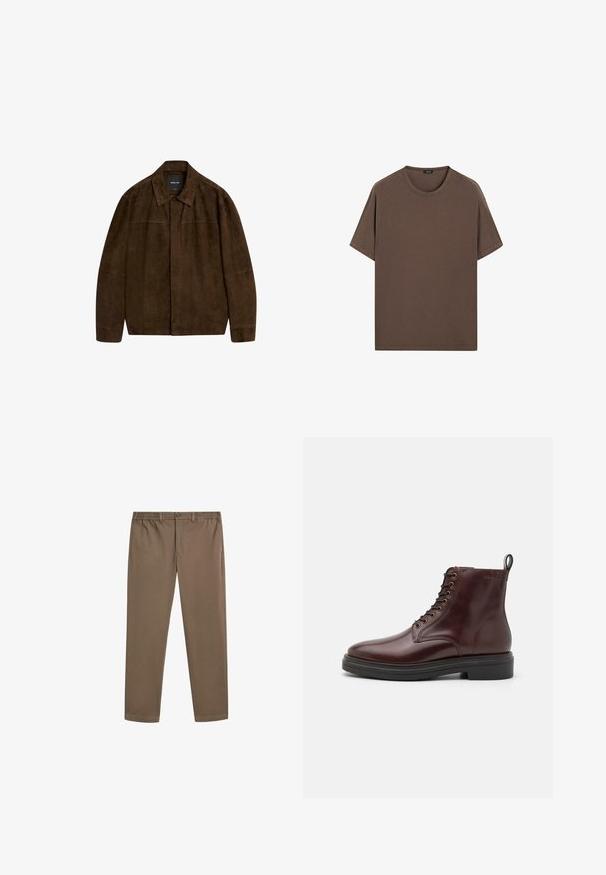 Brown suede jacket with a collar, long sleeves, and a front closure. Features a smooth texture and simple design with no visible patterns.; Brown cotton t-shirt with a round neck and short sleeves. Simple design with an even texture and a relaxed fit. No patterns or accents.; Brown cotton chinos with a straight leg design, elastic waistband, and front pockets. Smooth texture and minimal stitching details.; Brown leather ankle boots with round toe, seven eyelet lace-up front, and a black rubber sole. Features a pull tab at the heel.