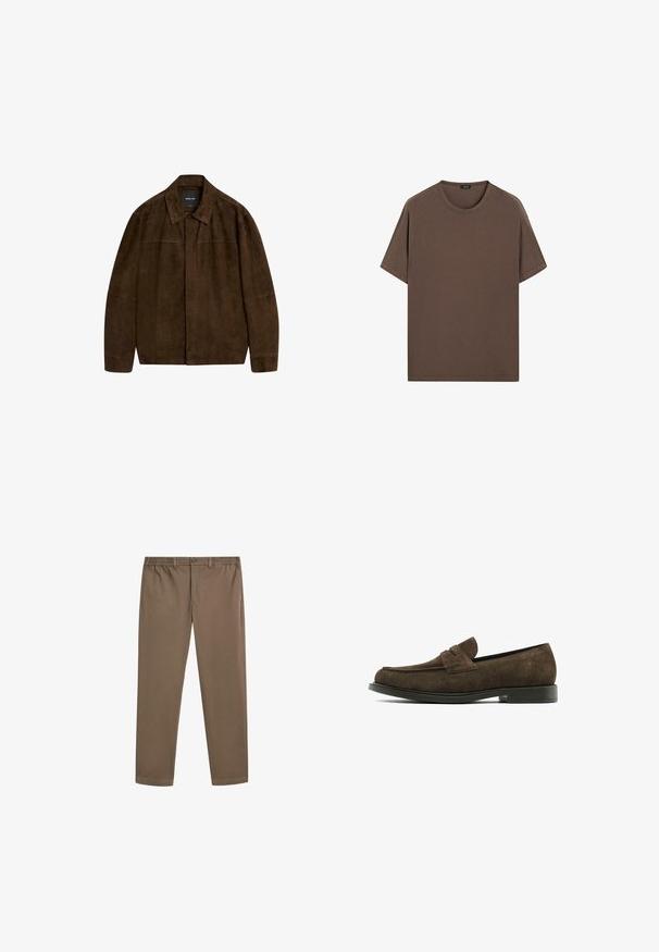 Brown suede jacket with a collar, long sleeves, and a front closure. Features a smooth texture and simple design with no visible patterns.; Brown cotton t-shirt with a round neck and short sleeves. Simple design with an even texture and a relaxed fit. No patterns or accents.; Brown cotton chinos with a straight leg design, elastic waistband, and front pockets. Smooth texture and minimal stitching details.; Dark brown suede loafer with a rounded toe, stitched detailing, and a flat rubber sole. Features a classic penny keeper accent.