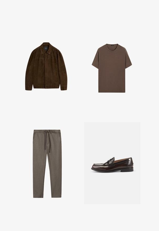 Bruine suède jas met een kraag, lange mouwen en een sluiting aan de voorkant. Heeft een soepele textuur en een eenvoudig ontwerp zonder zichtbare patronen.; Bruine katoenen t-shirt met een ronde hals en korte mouwen. Eenvoudig ontwerp met een gelijkmatige textuur en een comfortabele pasvorm. Geen patronen of accenten.; Bruine slim-fit broek met zijzakken, riemlussen, knoopsluiting en verstelbaar trekkoord in de taille.; Bruine leren loafers met een glanzende afwerking, een gestikt ontwerp bij de teen en een lage hak. Aan de zijkant is een reliëfbranding aangebracht.