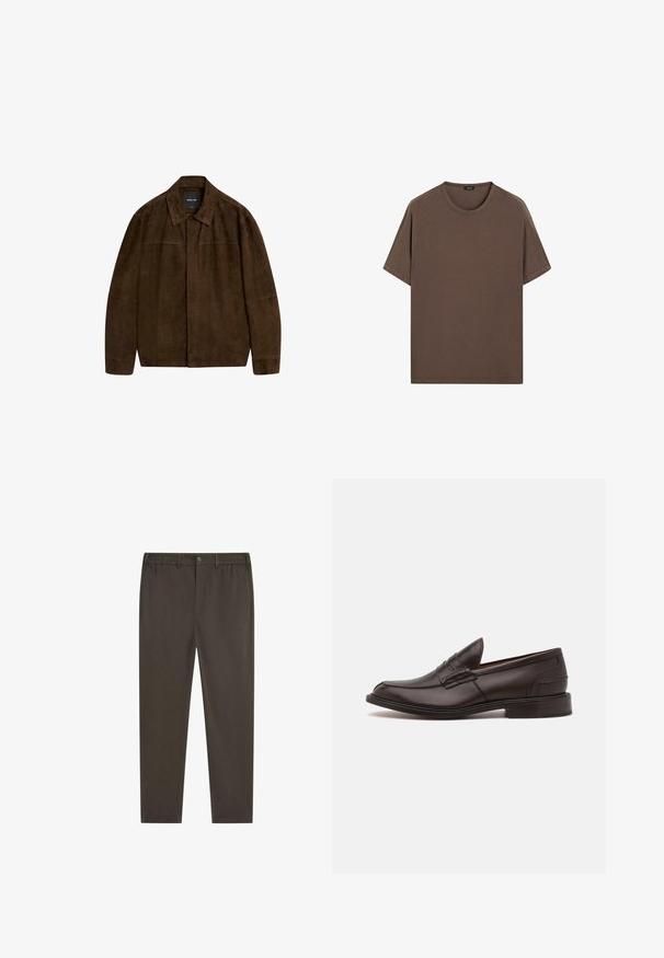 Braune Wildlederjacke mit Kragen, langen Ärmeln und einem Frontverschluss. Verfügt über eine glatte Textur und ein einfaches Design ohne sichtbare Muster.; Braunes Baumwoll-T-Shirt mit Rundhalsausschnitt und kurzen Ärmeln. Einfaches Design mit gleichmäßiger Textur und lockerer Passform. Keine Muster oder Akzente.; Dunkelbraune Hose mit geradem Bein, elastischem Bund, vorderem Knopfverschluss und Seitentaschen. Glatte Stofftextur.; Tricker's JAMES SOLE FIT - Business-Slipper - chesnut burnished