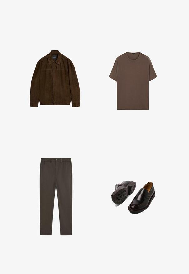 Hnědá suedová bunda s límcem, dlouhými rukávy a předním zapínáním. Má hladkou texturu a jednoduchý design bez viditelných vzorů.; Hnědé bavlněné tričko s kulatým výstřihem a krátkým rukávem. Jednoduchý design s rovnoměrnou strukturou a uvolněným střihem. Bez vzorů nebo akcentů.; Tmavě hnědé kalhoty s přímým střihem nohavice, elastickým pasem, zapínáním na knoflík vpředu a bočními kapsami. Hladká textury látky.; Selected Homme Elegantní nazouvací boty - demitasse