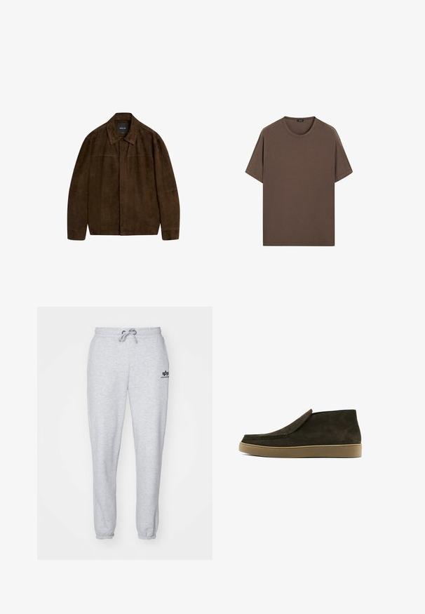 Hnědá suedová bunda s límcem, dlouhými rukávy a předním zapínáním. Má hladkou texturu a jednoduchý design bez viditelných vzorů.; Hnědé bavlněné tričko s kulatým výstřihem a krátkým rukávem. Jednoduchý design s rovnoměrnou strukturou a uvolněným střihem. Bez vzorů nebo akcentů.; Světlé šedé tepláky s tahem na stahovací šňůrku v pase, elastickými manžetami a malým námořnickým logem na levém stehně. Měkká, strukturovaná tkanina.; Hnědé semišové nazouvací boty s hladkým povrchem, zaoblenou špičkou a světlou hnědou gumovou podrážkou. Svršek má jednoduchý, čistý design.