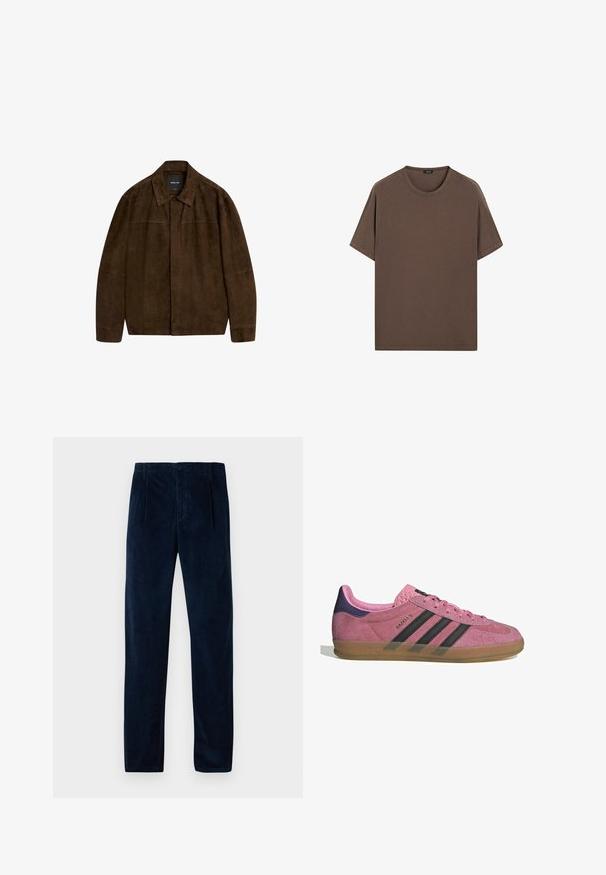 Bruine suède jas met een kraag, lange mouwen en een sluiting aan de voorkant. Heeft een soepele textuur en een eenvoudig ontwerp zonder zichtbare patronen.; Bruine katoenen t-shirt met een ronde hals en korte mouwen. Eenvoudig ontwerp met een gelijkmatige textuur en een comfortabele pasvorm. Geen patronen of accenten.; Donkerblauwe corduroy broek met voorplooien, riemlussen, zijzakken en een knoop- en ritssluiting, plat gelegd op een witte achtergrond.; Roze suède sneaker met zwarte strepen, rubberen zool en textuur op de paarse hak. Voorzien van een vetersluiting en opgedrukte merknaam aan de zijkant.