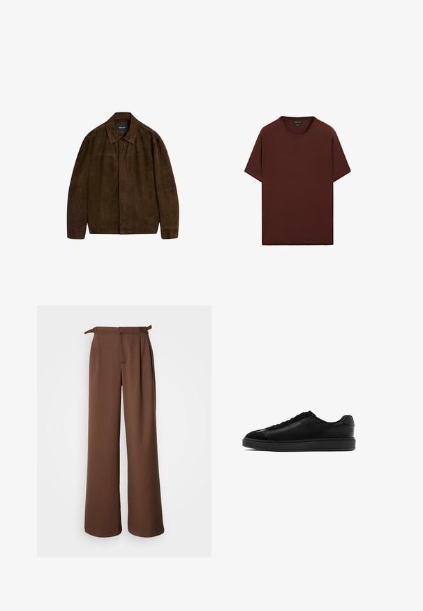 Brown suede jacket with a collar, long sleeves, and a front closure. Features a smooth texture and simple design with no visible patterns.; Massimo Dutti LIGHTWEIGHT CREW NECK WITH SHORT SLEEVE - Basic T-shirt - bordeaux; Wide-leg trousers in brown, made from soft fabric. Features a high waist with pleats and side ties, offering a relaxed fit and smooth texture.; Black leather sneakers with a smooth finish, round toe, lace-up front, and a contrasting textured tongue. Thick black rubber sole.