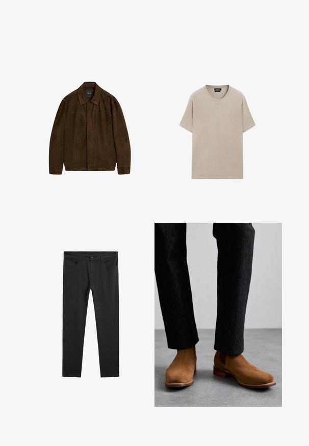 Hnědá suedová bunda s límcem, dlouhými rukávy a předním zapínáním. Má hladkou texturu a jednoduchý design bez viditelných vzorů.; Béžové bavlněné tričko s kulatým výstřihem, krátkými rukávy a volným střihem. Hladký povrch s jednoduchým designem, bez viditelných vzorů nebo akcentů.; Černé denimové kalhoty se slim fit střihem, pěti kapsami a zapínáním na knoflík v pase. Hladká textura a přímý střih nohavic.; Hnědé semišové Chelsea boty s elastickými bočními panely a vrstveným dřevěným podpatkem, nošeny s tmavými, mírně texturovanými kalhotami.