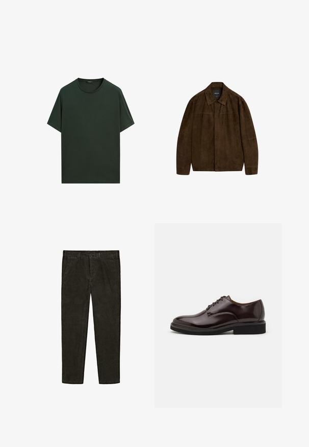 Brown suede jacket with a collar, long sleeves, and a front closure. Features a smooth texture and simple design with no visible patterns.; Dark green cotton t-shirt with a ribbed crew neck, short sleeves, and a relaxed fit. Smooth texture with no visible embellishments.; Dark green corduroy trousers with a tailored fit, two side pockets, and a front button closure. Soft texture and straight leg design.; Brown leather Oxford shoe with a glossy finish, round toe, lace-up design, and a thick black rubber sole. Seam detail on the upper.
