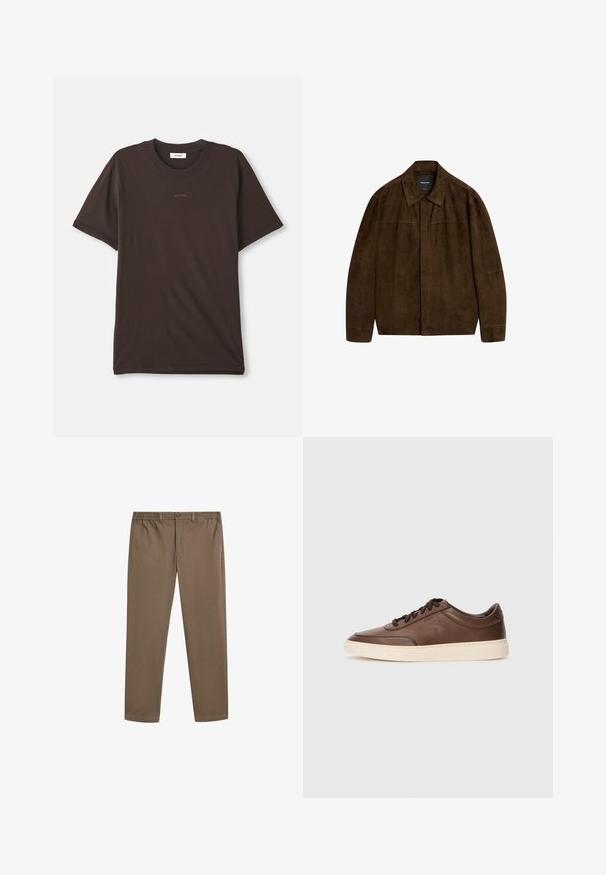 Braune Wildlederjacke mit Kragen, langen Ärmeln und einem Frontverschluss. Verfügt über eine glatte Textur und ein einfaches Design ohne sichtbare Muster.; Dunkelbraunes Kurzarm-T-Shirt mit Rundhalsausschnitt und dem "SANDRO"-Logo zentral auf der Brust sowie einem Etikett im Kragen.; Braune Baumwollchinos mit geradem Bein, elastischem Bund und Vordertaschen. Glatte Textur und minimale Nahtdetails.; Braune Ledersneaker mit glatter Oberfläche, runder Zehenpartie und cremefarbener Gummisohle. Ausgestattet mit schwarzen Schnürsenkeln und dezentem Branding an der Seite.