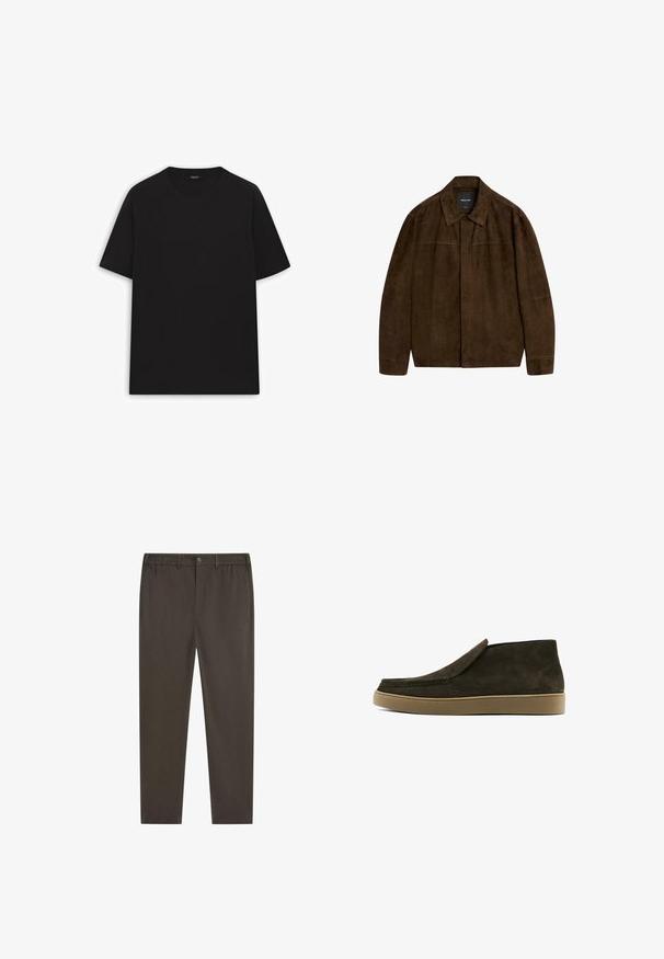 Brązowa zamszowa kurtka z kołnierzem, długimi rękawami i zapięciem z przodu. Posiada gładką fakturę i prosty design bez widocznych wzorów.; Czarna bawełniana koszulka z krótkim rękawem, okrągłym dekoltem i gładką teksturą. Brak widocznych wzorów lub detali metalowych.; Ciemnobrązowe spodnie o prostych nogawkach, z elastycznym paskiem w talii, przednim zapięciem na guziki i bocznymi kieszeniami. Gładka tekstura tkaniny.; Brązowe zamszowe buty wsuwane o gładkim wykończeniu, zaokrąglonym nosku i jasnobrązowej gumowej podeszwie. Wierzch charakteryzuje się prostym, schludnym designem.