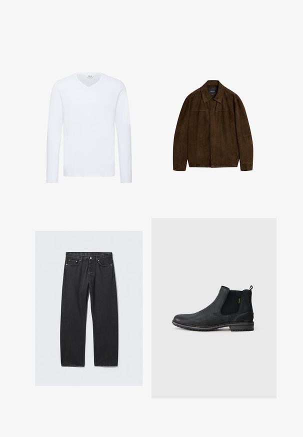 Braune Wildlederjacke mit Kragen, langen Ärmeln und einem Frontverschluss. Verfügt über eine glatte Textur und ein einfaches Design ohne sichtbare Muster.; Weißes langärmliges V-Ausschnitt-T-Shirt aus einer weichen Baumwollmischung. Verfügt über eine glatte Textur und einen geraden Saum mit minimalen Details.; Schwarze Denim-Jeans im geraden Schnitt mit Knopfverschluss, fünf Taschen und kupferfarbenen Hardware-Elementen. Glatte Textur.; Schwarze Leder-Chelsea-Stiefel mit elastischen Seitenpaneelen, einer runden Spitze und einer strukturierten Gummisohle; mit einem Zugschlaufen an der Rückseite.