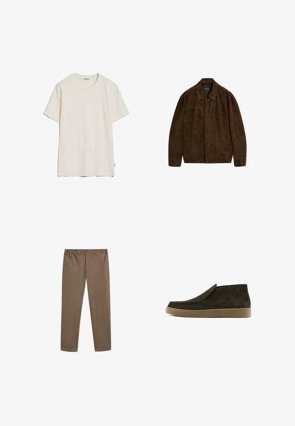 Bruine suède jas met een kraag, lange mouwen en een sluiting aan de voorkant. Heeft een soepele textuur en een eenvoudig ontwerp zonder zichtbare patronen.; Korte mouw, T-shirt met ronde hals in off-white katoen. Glad textuur, ontspannen pasvorm, met een klein merklabel aan de onderzijde van de linkermouw.; Bruine cotton chinos met een rechte pijp, elastische tailleband en voorzakken. Glad textuur en minimale stikseldetails.; Bruine suede instappers met een gladde afwerking, ronde neus en een lichtbruine rubberen zool. Bovenkant heeft een eenvoudig, strak design.