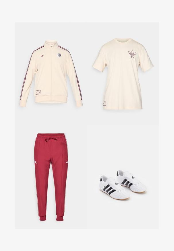 adidas Originals AJAX ICON TRACK TOP - Sporto klubų atributika - halo ivory; adidas Originals AJAX ICON GRAPHIC TEE - Sporto klubų atributika - halo ivory; adidas Originals ARSENAL FC ICON TRACK PANT - Sporto klubų atributika - team burgundy; Balti sportiniai bateliai su juodomis juostelėmis, kuriuose yra antzolinė panaši tekstūra, apvalus pirštas ir Velcro dirželis. Gumačio padas užtikrina sukibimą.