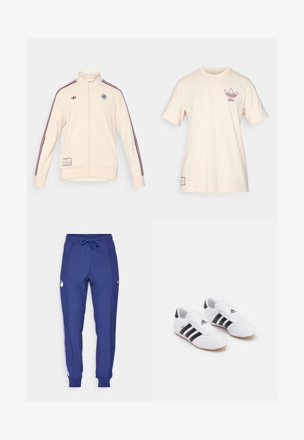 adidas Originals AJAX ICON TRACK TOP - Klubbklær - halo ivory; adidas Originals AJAX ICON GRAPHIC TEE - Klubbklær - halo ivory; Mørkeblå joggebukser laget av myk stoff, med hvite sidestriper, elastisk midjebånd med snøring, og logodetalj på venstre ben.; Hvite treningssko med svarte striper, med en semsket overflate, rund tå og borrelåsrem. Gummisåle for godt grep.