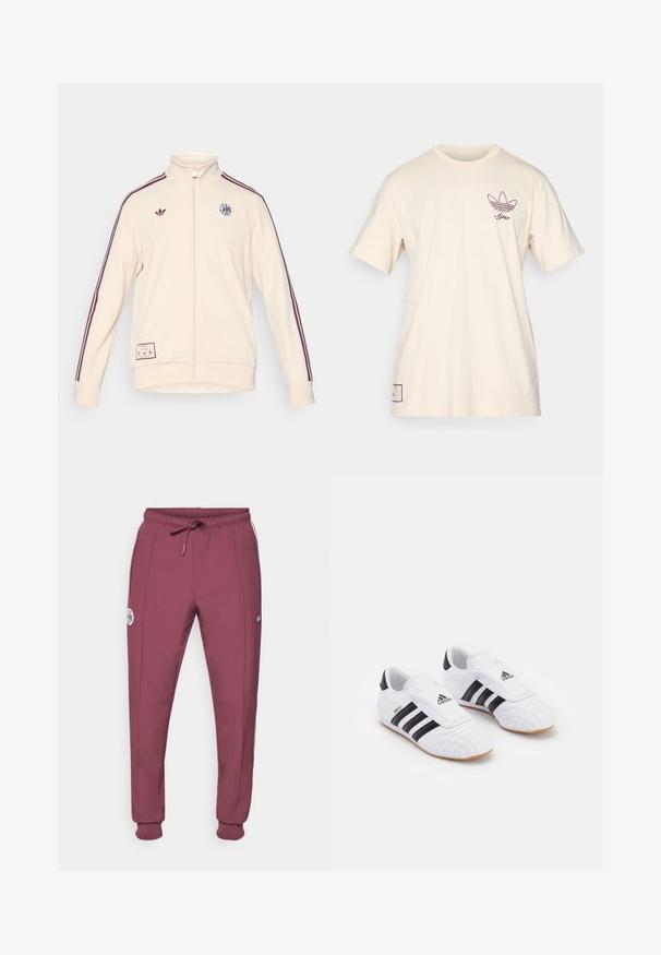 adidas Originals AJAX ICON TRACK TOP - Klubové oblečení - halo ivory; adidas Originals AJAX ICON GRAPHIC TEE - Klubové oblečení - halo ivory; adidas Originals AJAX ICON TRACK PANT - Klubové oblečení - victory crimson; Bílé sportovní boty s černými pruhy, s texturou připomínající semiš, zaoblenou špičkou a suchým zipem. Gumová podrážka pro lepší přilnavost.