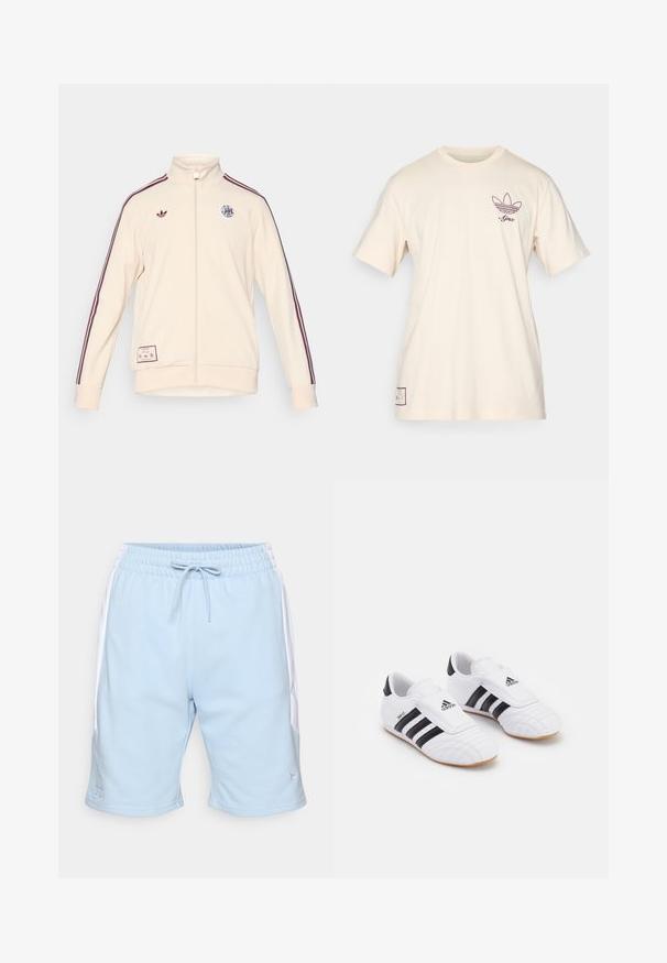 adidas Originals AJAX ICON granatowy; adidas Originals AJAX ICON granatowy; Jasnoniebieskie szorty sportowe z białymi panelami bocznymi, elastycznym pasem w talii, sznurkiem do regulacji oraz haftowanym logo na dolnej krawędzi. Miękka tekstura materiału.; Białe buty sportowe z czarnymi paskami, charakteryzujące się zamszowym wyglądem, zaokrąglonym noskiem i rzepem. Gumowa podeszwa zapewniająca przyczepność.