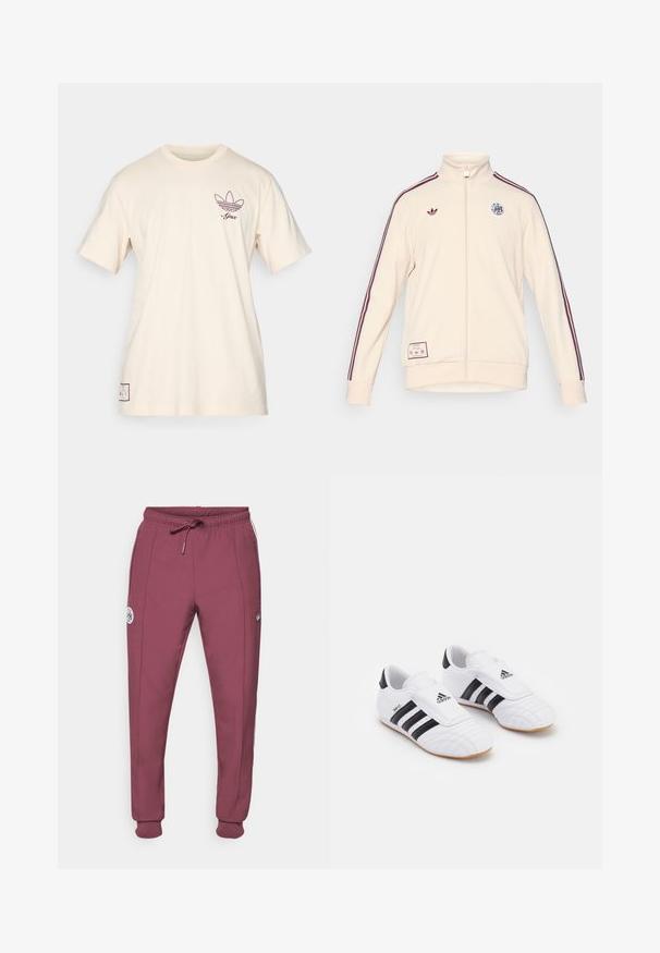 adidas Originals AJAX ICON TRACK TOP - Klubové oblečení - halo ivory; adidas Originals AJAX ICON GRAPHIC TEE - Klubové oblečení - halo ivory; adidas Originals AJAX ICON TRACK PANT - Klubové oblečení - victory crimson; Bílé sportovní boty s černými pruhy, s texturou připomínající semiš, zaoblenou špičkou a suchým zipem. Gumová podrážka pro lepší přilnavost.