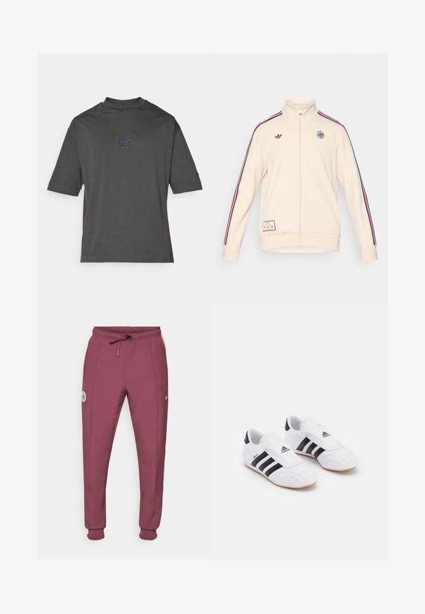 adidas Originals AJAX ICON TRACK TOP - Klupska odjeća - halo ivory; Siva majica kratkih rukava od pamuka s diskretnim plavim logotipom bika izvezenim na prsima i okruglim izrezom.; adidas Originals AJAX ICON TRACK PANT - Klupska odjeća - victory crimson; Bijele atletske cipele s crnim trakama, s vlaknima sličnim antilopu, zaobljenim prstom i Velcro trakama. Gumeni potplat za prianjanje.