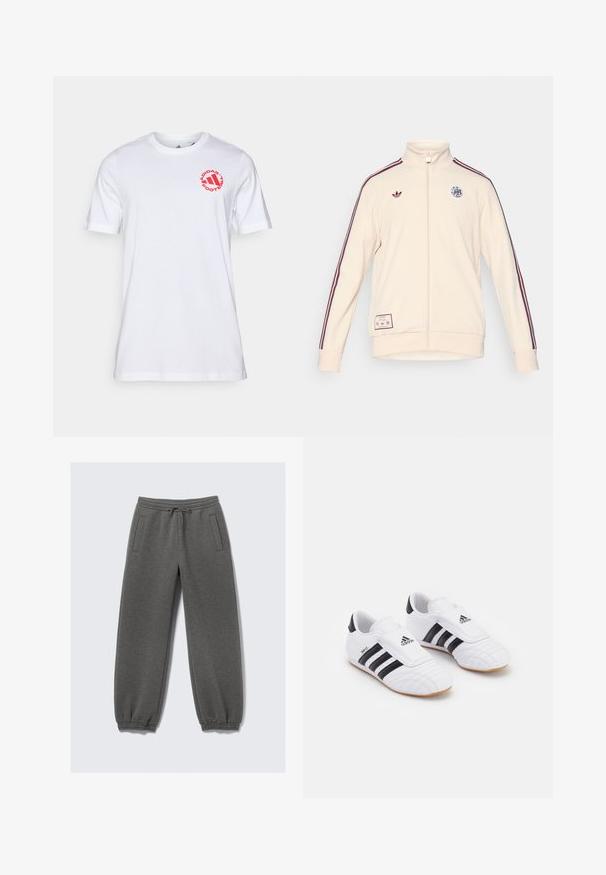 adidas Originals AJAX ICON TRACK TOP - Echipament cluburi fotbal - halo ivory; Tricou alb din bumbac, cu guler rotund și mâneci scurte. Logo circular roșu cu textul "ADIDAS FOOTBALL" pe piept.; Pantaloni de trening gri dintr-un material moale, cu un tiv cu șnur, manșete elastice și buzunare laterale. Design cu picioare drepte.; Încălțăminte sport albă cu dungi negre, având o textură asemănătoare unui suede, vârful rotund și o curea de Velcro. Talpa din cauciuc oferă tracțiune.