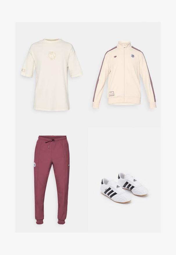 adidas Originals AJAX ICON TRACK TOP - Klubbkläder - halo ivory; Krämfärgad t-shirt med kort ärm i texturerad tyg, med en liten broderad logotyp på bröstet och text på ärmen.; adidas Originals AJAX ICON TRACK PANT - Klubbkläder - victory crimson; Vita idrottsskor i vitt med svarta ränder, med en mockaliknande yta, rund tå och en kardborreband. Gummisula för bra grepp.