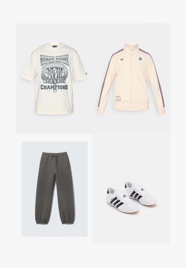 adidas Originals AJAX ICON TRACK TOP - Klubové oblečení - halo ivory; Krémové tričko s krátkým rukávem s šedou vintage grafikou Super Bowl, nápisem "Raiders" a "Champions", a uvolněným střihem.; Šedé tepláky z měkké tkaniny, s páskem na stažení v pase, elastickými manžetami a bočními kapsami. Rovný střih nohavic.; Bílé sportovní boty s černými pruhy, s texturou připomínající semiš, zaoblenou špičkou a suchým zipem. Gumová podrážka pro lepší přilnavost.