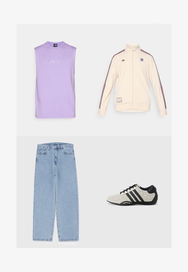 adidas Originals AJAX ICON TRACK TOP - Roupa de discoteca - halo ivory; T-shirt roxa sem mangas, em tecido de algodão macio, com gola redonda, apresentando o logótipo bordado "Los Angeles Lakers" em branco no peito.; Jeans de denim azul claro com design de perna reta, apresentando uma cintura de altura média, cinco bolsos e um fecho de botão e zíper.; Sapatilha desportiva Adidas com um upper texturizado em cinza claro e pormenores em pele preta. Apresenta logotipo de três riscas pretas e sola com amortecimento.