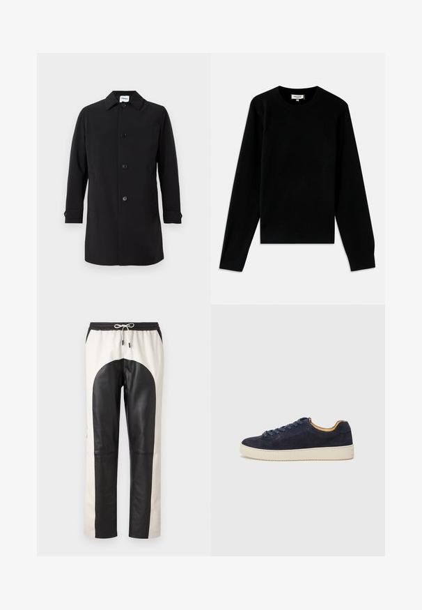 Čierny kabát vyrobený z hladkej látky, s golierom, piatimi prednými gombíkmi, dvomi bočnými vreckami a gombíkovými manžetami. Klasický strih.; Čierny pletený sveter s klasickým okrúhlym výstrihom. Má dlhé rukávy a rebrované manžety a lem. Vyrobený z mäkkého, ľahkého materiálu.; Nohavice čiernej a krémovej farby s uvoľneným strihom, elastickým pásom so šnúrkou a kombináciou kožených a textilných materiálov.; Námornícky semišové nízkopoložené tenisky s okrúhlou špičkou, krémovou gumovou podrážkou a zodpovedajúcimi šnúrkami; majú kontrastnú hnedú vnútornú podšívku.