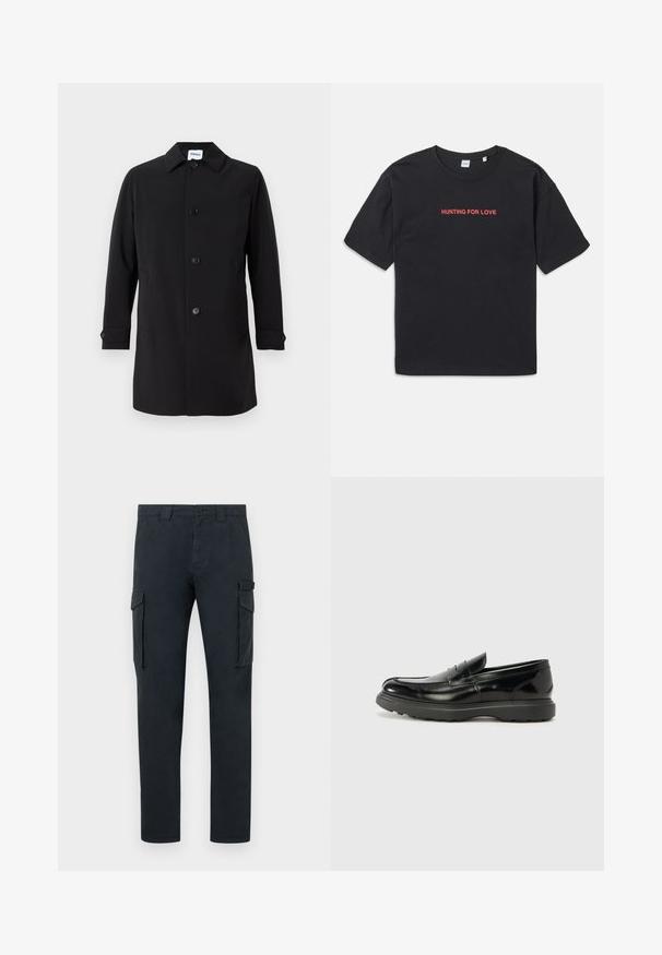 Must dote, misest smooth kanga, millel on kraekanael, viis esist nuppu, kaks küljetaskut ja nuppudega mansetid. Klassikaline lõige.; Must värvi puuvillane T-särk lühikeste varrukatega, millel on rindkerel brodeeritud punane tekst "ARMUJAHT". Lihtne ja lõdvestunud lõige.; Tumedast navy sinised cargo püksid, valmistatud puuvillast. Omavad kahte külgtaskut koos klappidega, tõmblukuga avamist ja sirget lõiget. Sile tekstuur.; Must musta nahk loafer läikiva viimistlusega, ümar varvas, delikaatsed õmblusdetailid ja paks kummist tallad vastupidavuse tagamiseks.