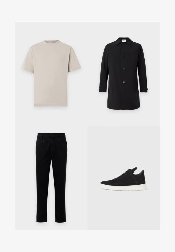 Sort frakke lavet af glat stof med krave, fem forknapper, to sidelommer og knapmanchetter. Klassisk pasform.; Lys beige bomulds t-shirt med rund hals, korte ærmer og lige kant. Glat tekstur uden mønstre eller udsmykninger.; Sorte denimbukser med straight-leg design, der har knaplukning, fem lommestyle og en glat tekstur.; Sort ruskinds sneaker med en hvid gummisål, der har tonalt syet detalje og snørredesign. Glat tekstur med en moderne, strømlinet form.