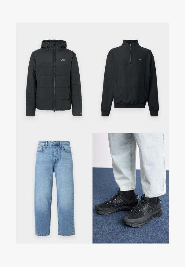 Melnā puffjakā ar mēteli ir rāvējslēdzēja priekšpuse, horizontāla izšuvuma raksts un mazs logotips kreisajā augšējā stūrī.; Melns sporta krekls ar augstu rāvējslēdzēja apkakli, garām piedurknēm, sānu kabatām un elastīgu jostu. Uz krūtīm ir mazs balts Nike logs.; Gai zils džinsu audums ar taisnu kāju dizainu, augstu jostasvietu, piecām kabatām un nemanāmu nodilumu. Iezīmēts ar pogas aizdari un jostu cilpām.; Melni sporta apavi ar strukturētu audumu un gumijas zoli, ar elastīgām auklām un zilu akcentu uz papēža. Nēsāti ar gaišām džinsu biksēm.