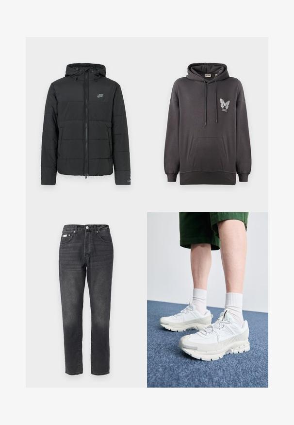 Jachetă puffer neagră cu glugă, având fermoar pe față, model cusut orizontal și un mic logo în partea stângă sus.; Hanorac gri cu glugă, dotat cu un buzunar frontal și un grafic cu fluture pe pieptul stâng. Fabricat dintr-un material moale și texturat, cu șnururi ajustabile.; Jeans din denim negru cu un design cu picior drept, stil cu cinci buzunare și ușoară decolorare. Completate cu un închizător cu nasture și fermoar.; Pantofi sport albi cu suprapuneri texturate, talpă masivă și accente gri. Purtați cu șosete albe până la glezne și pantaloni scurți verzi pe o suprafață albastră.