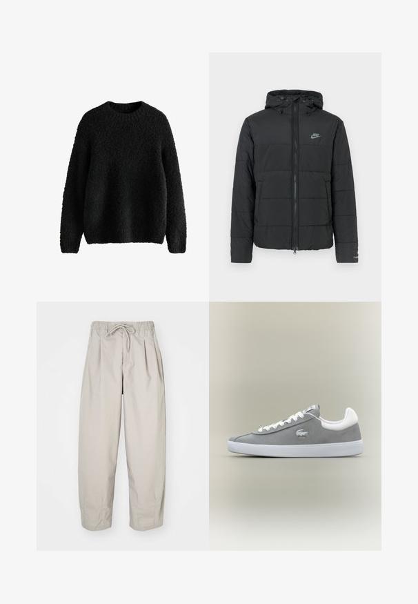 Zwarte pufferjas met capuchon, voorzien van een rits aan de voorkant, een horizontaal gestikt patroon en een klein logo op de bovenste linkerkant.; Zwarte gebreide trui met een textuur en een fuzzy afwerking. Ronde halslijn, lange mouwen en een relaxte pasvorm. Eenvoudig ontwerp, zonder zichtbare sluitingen.; Beige, lichte broek met een elastische tailleband en trekkoord. Beschikt over plooien en een losse pasvorm, gemaakt van een zachte, gladde stof.; Grijze suede sneaker met een witte rubberen zool, vetersluiting en geborduurd logo aan de zijkant. Minimalistisch ontwerp met een klassieke silhouet.