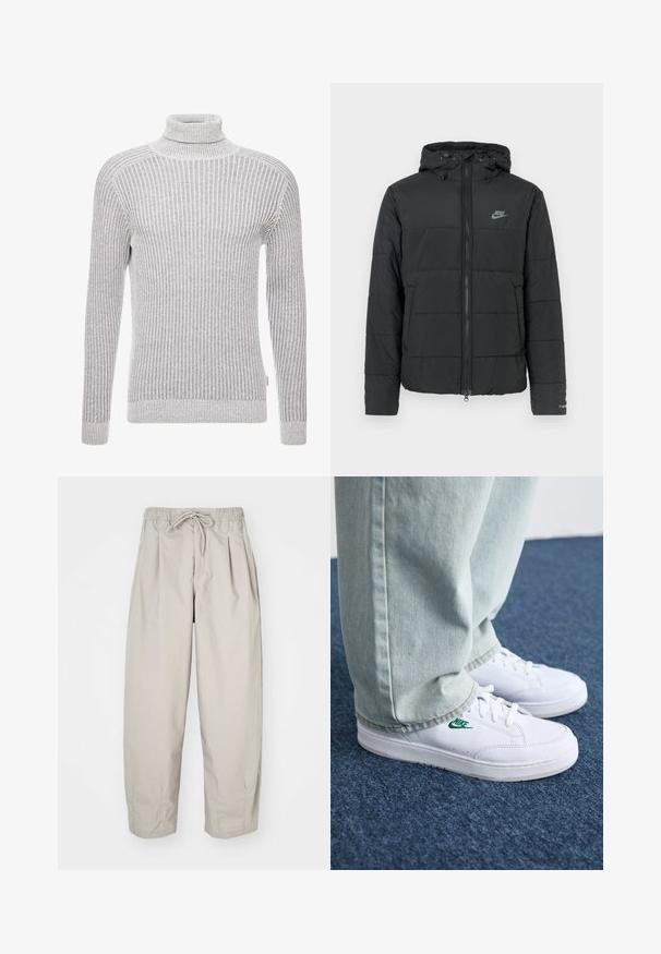 Casaco puffer preto com capuz, apresentando fecho éclair frontal, padrão de matelassé horizontal e um pequeno logótipo no lado superior esquerdo.; Pullover cinzento de gola alta com mangas longas, apresentando um padrão texturizado e uma silhueta ajustada ao nível do pescoço e dos punhos.; Calças leves, bege, com cintura elástica e cordão. Apresenta pregas e um corte largo, confeccionadas em tecido suave e liso.; Tênis de couro brancos com logo verde da Nike, bico redondo, sola plana, combinados com calças de denim azul claro, exibidos sobre um tapete azul.