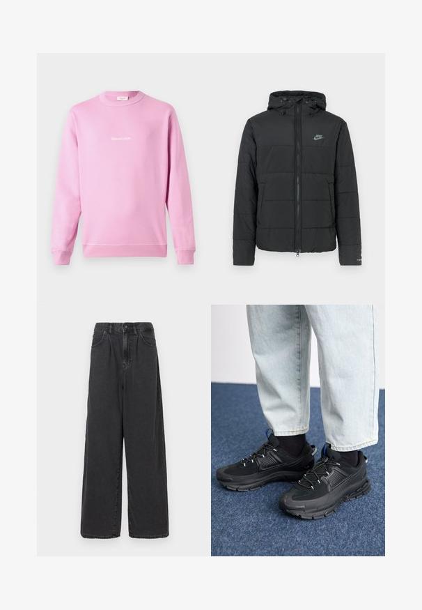 Mustan untuvatakin huppu, jossa on vetoketju etupuolella, vaakasuora tikkuroma ja pieni logo vasemmassa yläkulmassa.; Vaaleanpunainen collegepaita, joka on valmistettu puuvillasekoitteesta. Tässä paidassa on pitkät hihat ja pyöreä kaula-aukko. Edessä on valkoinen, kursiivilla kirjoitettu logo.; Haalihousut, korkeavyötäröiset mustat farkut, joissa on edessä nappi- ja vetoketjukiinnitys, sivutaskut ja sileä pinta.; Mustat urheilukengät, joissa on teksturoitu kangas ja kumipohjat, elastiset nauhat ja sininen yksityiskohta kannassa. Yhdistetty vaaleisiin farkkuihin.