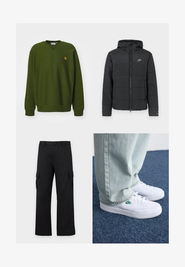 Zwarte pufferjas met capuchon, voorzien van een rits aan de voorkant, een horizontaal gestikt patroon en een klein logo op de bovenste linkerkant.; Olijfgroene sweatshirt met een relaxte pasvorm, ronde hals en geribbelde boorden. Heeft een klein, geel en paars geborduurd logo op de borst.; Zwarte cargobroek met een recht gesneden ontwerp. Gemaakt van duurzaam materiaal, met twee zijzakken met klep en een knoopsluiting.; Witte leren sneakers met groen Nike-logo, ronde neus, platte zool, gedragen met lichtblauwe denim broek, weergegeven op een blauwe vloerkleed.