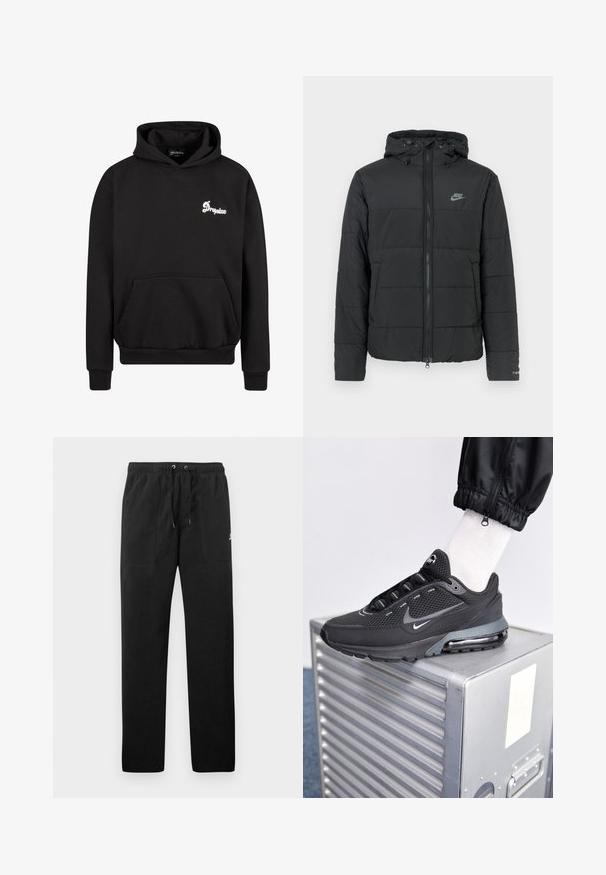 Chaqueta acolchada negra con capucha, que presenta un cierre con cremallera, un patrón de acolchado horizontal y un pequeño logotipo en la parte superior izquierda.; Sudadera con capucha negra hecha de forro polar. Presenta un bolsillo frontal de pouch, puños acanalados y un logo blanco bordado en el pecho.; Pantalones deportivos negros de felpa, con una cinturilla elástica con cordones, dos bolsillos delanteros y un pequeño logo en el muslo.; Nike Sportswear PULSE - Zapatillas - black/anthracite