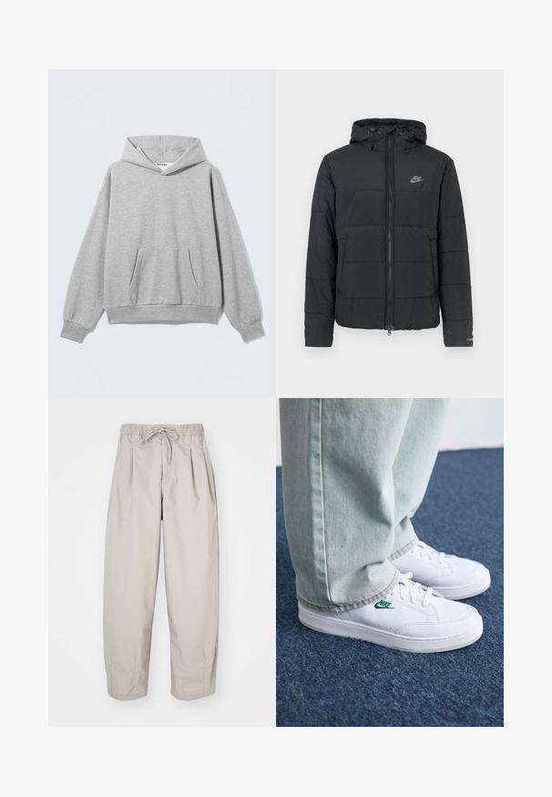 Black puffer jacket with a hood, featuring a zip front, horizontal quilted pattern, and a small logo on the upper left side.; Light grey hooded sweatshirt made of soft fabric, featuring a front pocket, ribbed cuffs, and a relaxed fit with a label at the neckline.; Beige, lightweight trousers with an elastic waistband and drawstring. Features pleats and a loose fit, crafted from soft, smooth fabric.; White leather sneakers with green Nike logo, round toe, flat sole, paired with light blue denim pants, shown on a blue carpet.