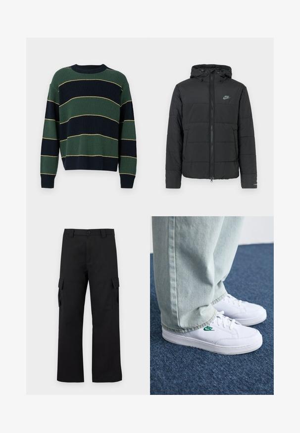 Black puffer jacket with a hood, featuring a zip front, horizontal quilted pattern, and a small logo on the upper left side.; Knitted sweater with green and navy horizontal stripes, featuring thin yellow lines. Round neck, loose fit, and ribbed cuffs and hem.; Black cargo pants with a straight leg design. Made from durable fabric, featuring two side pockets with flap closures and a button fly.; White leather sneakers with green Nike logo, round toe, flat sole, paired with light blue denim pants, shown on a blue carpet.