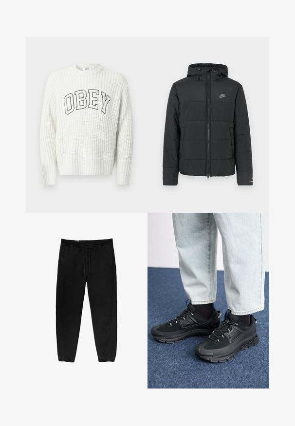 Czarna kurtka puchowa z kapturem, z zamkiem z przodu, poziomym pikowaniem i małym logo po lewej stronie u góry.; Biały dziany sweter z napisem "OBEY" w czarnych literach na piersi, o prążkowanej fakturze i okrągłym dekolcie.; Czarne spodnie z elastycznym paskiem i sznurkiem, zwężane nogawki, boczne kieszenie oraz subtelne detale szwów po bokach. Miękka bawełniana tkanina.; Czarne buty sportowe z teksturowanej tkaniny i gumowymi podeszwami, z elastycznymi sznurówkami i niebieskim akcentem na pięcie. Noszone z jasnymi dżinsami.