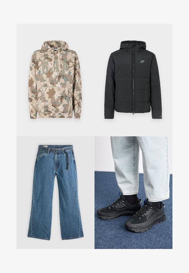 Melnā puffjakā ar mēteli ir rāvējslēdzēja priekšpuse, horizontāla izšuvuma raksts un mazs logotips kreisajā augšējā stūrī.; Beige kapuce ar kamuflāžas lapu rakstu, ar lielu "GAP" logo zaļā krāsā un priekšējo kabatu. Izgatavots no mīkstas, teksturētas auduma.; Zilas džinsa platās kājas bikses ar pievienotu jostu, priekšējām kabatām un redzamiem šuvumiem uz vienkārša gaiša fona.; Melni sporta apavi ar strukturētu audumu un gumijas zoli, ar elastīgām auklām un zilu akcentu uz papēža. Nēsāti ar gaišām džinsu biksēm.