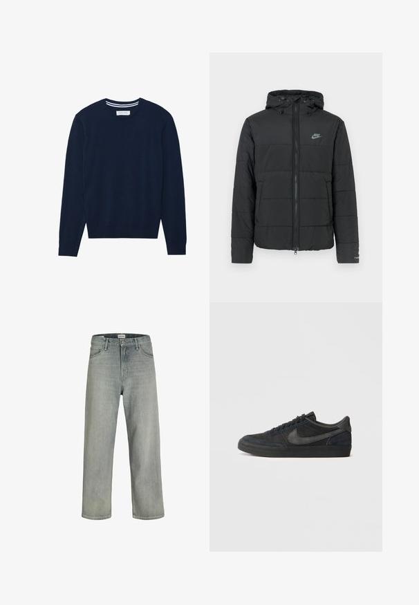 Giubbotto imbottito nero con cappuccio, caratterizzato da una chiusura con zip frontale, un motivo a righe orizzontali e un piccolo logo sul lato sinistro in alto.; Maglione a maglia blu navy con scollo rotondo, maniche lunghe e polsini a costine. Presenta un dettaglio a righe in contrasto sul colletto.; Jeans grigi chiaro, con vestibilità comoda, realizzati in denim. Presentano un classico design a cinque tasche, passanti per cintura e una silhouette a gamba dritta.; Sneaker nere in suede con profilo basso, suola in gomma, pannelli laterali testurizzati e logo Nike swoosh in tonalità. Stringate sul davanti, colletto imbottito.