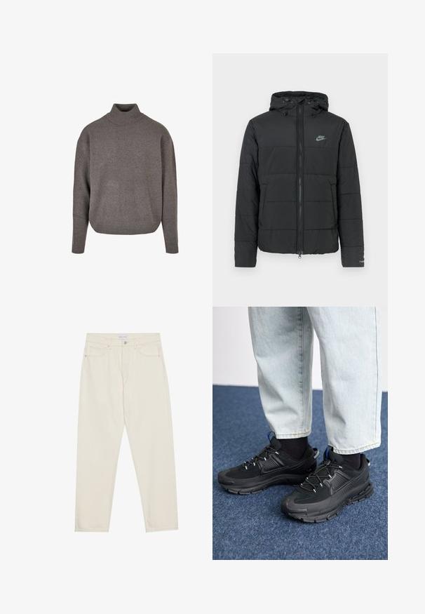 Schwarze Daunenjacke mit Kapuze, ausgestattet mit einem Reißverschluss auf der Vorderseite, horizontal gestepptem Muster und einem kleinen Logo auf der oberen linken Seite.; Grauer Rollkragenpullover aus weichem, strukturiertem Strickstoff. Lockere Passform, mit langen Ärmeln und gerippten Bündchen sowie Saum.; Beige Jeans aus Denim mit geradem Bein, fünf Taschen, Knopfverschluss und dezenten Nähdetails. Glatte Textur.; Schwarze Sportschuhe aus strukturiertem Stoff mit Gummisohlen, ausgestattet mit elastischen Schnürsenkeln und einem blauen Akzent an der Ferse. Getragen mit hellen Jeans.