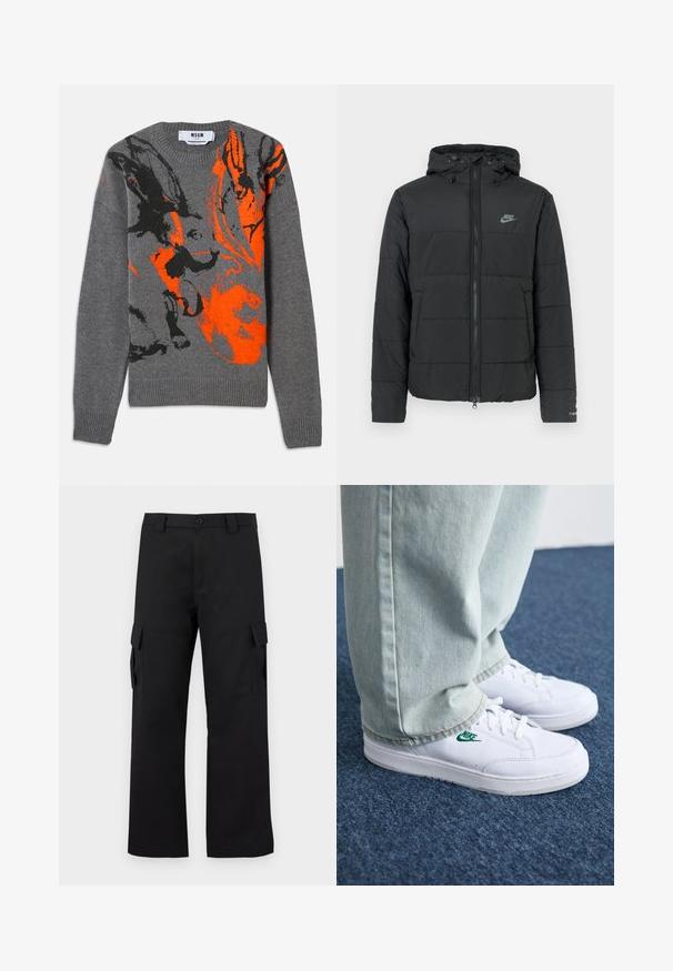Giubbotto imbottito nero con cappuccio, caratterizzato da una chiusura con zip frontale, un motivo a righe orizzontali e un piccolo logo sul lato sinistro in alto.; Maglione grigio lavorato a maglia con un design astratto in contrasto arancione e nero. Collo rotondo e polsini e orlo a coste. Texture morbida.; Pantaloni cargo neri con design a gamba dritta. Realizzati in tessuto resistente, dotati di due tasche laterali con chiusura a pattina e chiusura con bottone.; Sneakers in pelle bianca con logo Nike verde, punta rotonda, suola piatta, abbinati a pantaloni in denim azzurro, mostrati su un tappeto blu.