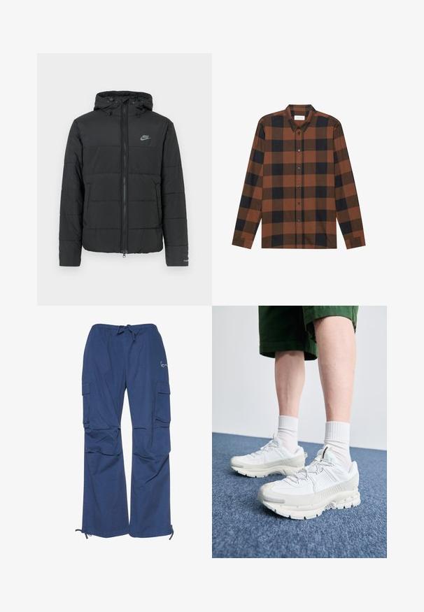 Čierna bunda z nafúknutého materiálu s kapucňou, s predným zipsom, horizontálnym prešívaním a malým logom na hornej ľavej strane.; Hnedá a čierna kockovaná košeľa s dlhým rukávom, vyrobená z látky, s golierom na gombíky a gombíkovou légou; má manžety na rukávoch.; Modré cargo nohavice vyrobené z bavlny, s pružným pásom na šnúrku, dvoma bočnými vreckami a voľným strihom so žebrovanými koncami na členkoch.; Biele športové topánky s textúrovanými prešívaniami, robustnou podrážkou a sivými akcentami. Nosené s bielymi ponožkami po členky a zelenými šortkami na modrom povrchu.