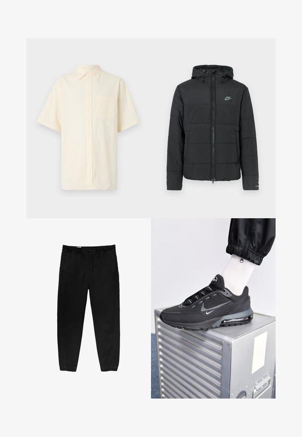 Giubbotto imbottito nero con cappuccio, caratterizzato da una chiusura con zip frontale, un motivo a righe orizzontali e un piccolo logo sul lato sinistro in alto.; Camicia a maniche corte con bottoni di colore crema chiaro, realizzata in tessuto testurizzato, con taschino sul petto e colletto classico.; Pantaloni neri con cintura elastica e coulisse, gamba affusolata, tasche laterali e sottili dettagli di cucitura laterale. Tessuto in cotone morbido.; Nike Sportswear PULSE - Sneakers basse - black/anthracite