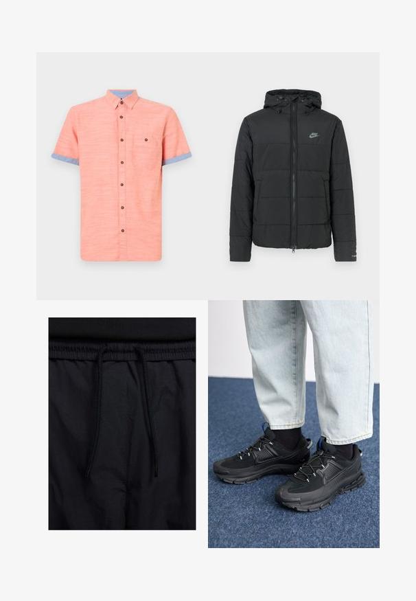 Svart pufferjakke med hette, med glidelås foran, horisontalt quiltet mønster og en liten logo på øvre venstre side.; Korte ermers skjorte i koralfarge, med blå krage og mansjetter, en lomme og brune knapper. Strukturert stoff.; Sorte shorts med snor i livet, lett stoff med en jevn tekstur, og et enkelt design uten synlige logoer eller mønstre.; Svarte sportssko med teksturert stoff og gummisåler, med elastiske lisser og en blå detalj på hælen. Brukt med lyse denimbukser.
